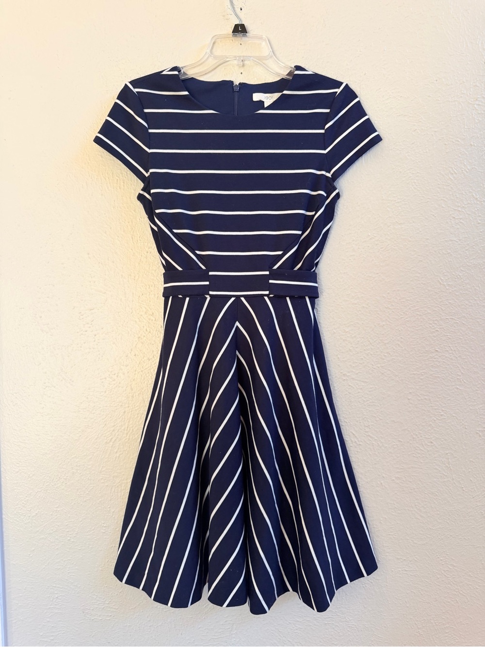 1901 blue white stripe attached belt fit & flare dress